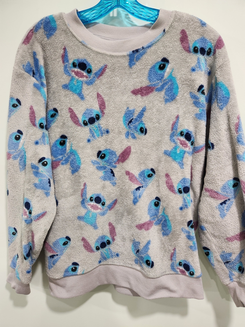 Disney Gray Plush Stitch Crewneck Sweatshirt with Blue and Pink Accents